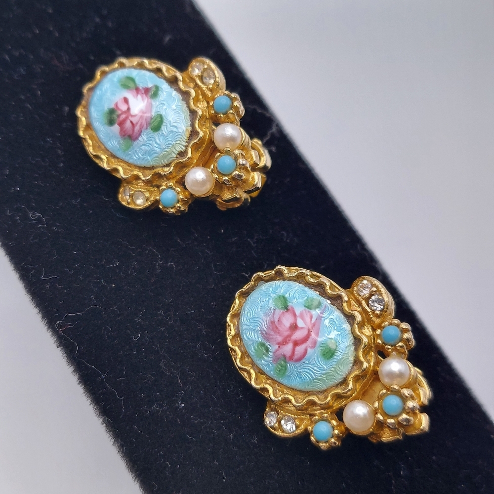 Vintage Art Limoges Enamel Ceramic Clip On Earrings, GC. I